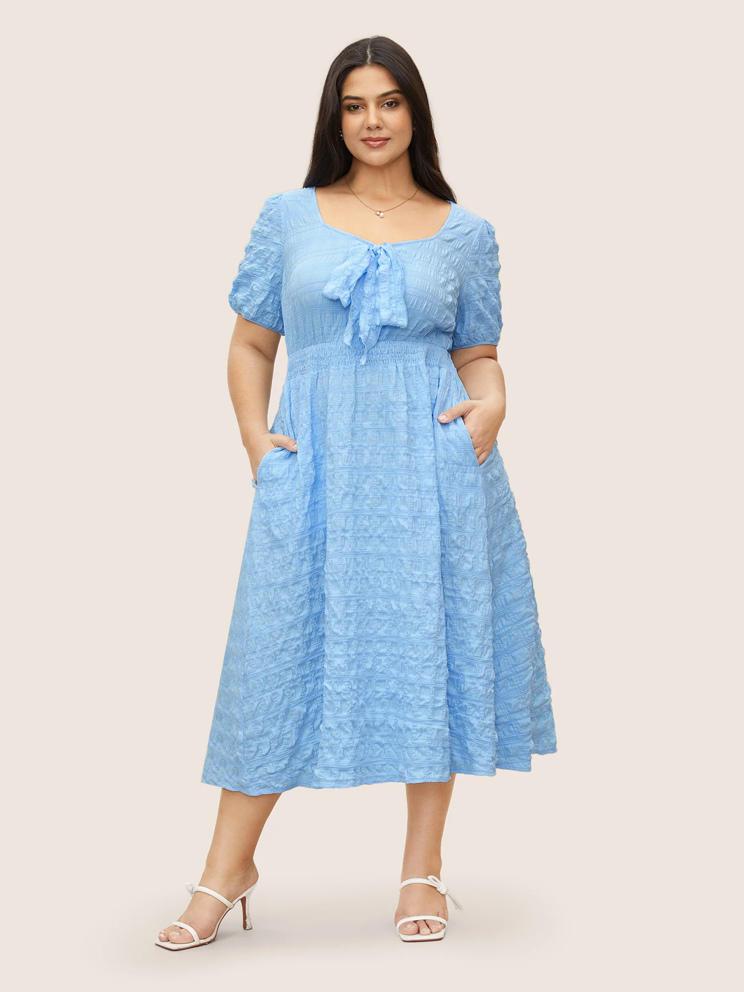 Citrus Plain Texture Shirred Tie Knot Lantern Sleeve Dress - Image 2