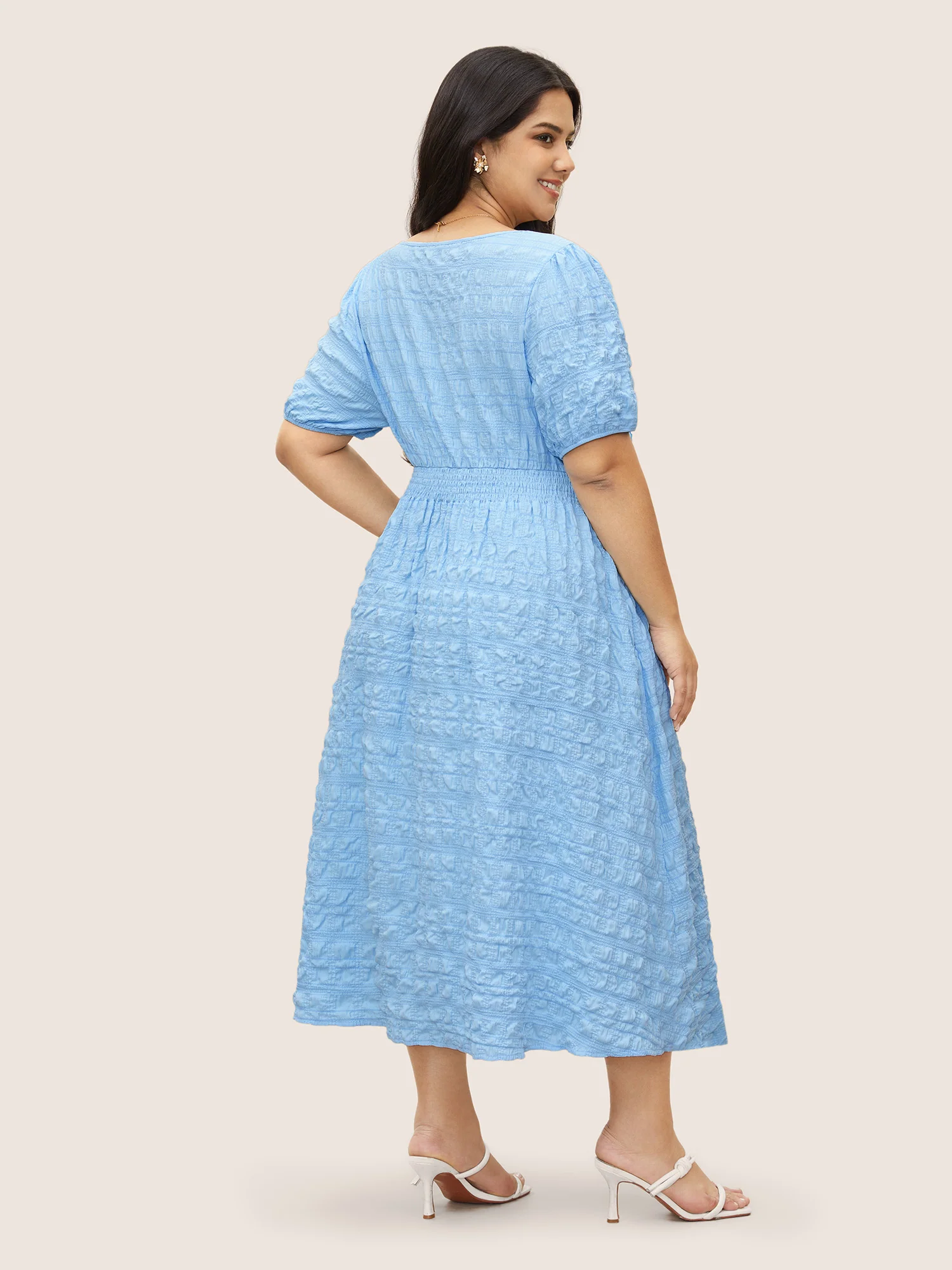 Citrus Plain Texture Shirred Tie Knot Lantern Sleeve Dress - Image 3