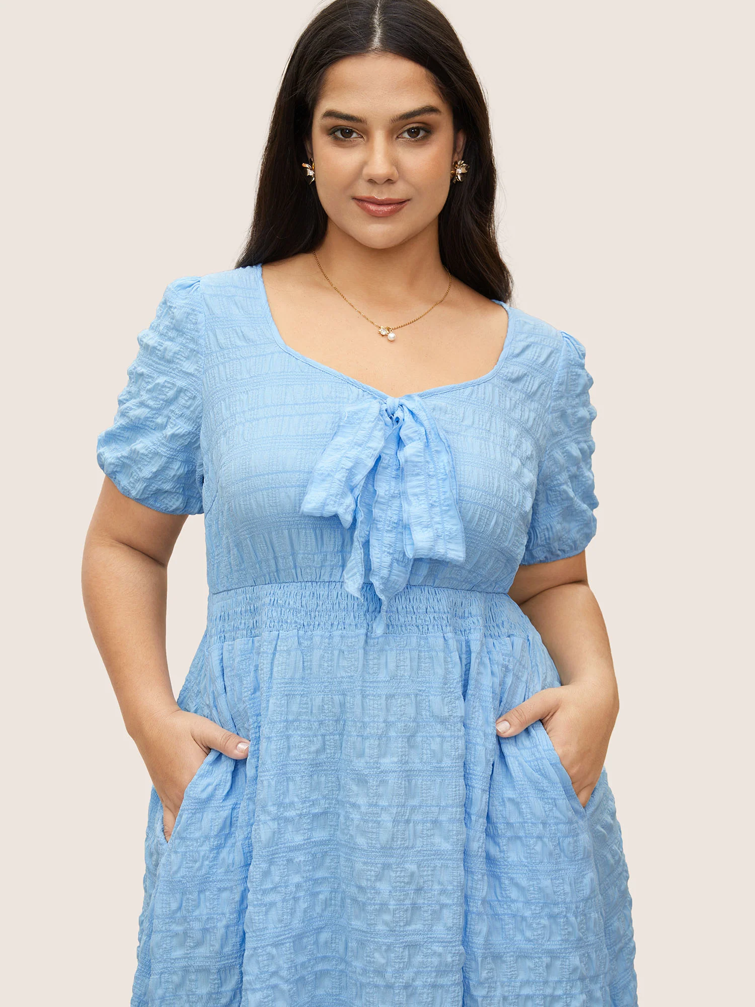 Citrus Plain Texture Shirred Tie Knot Lantern Sleeve Dress - Image 4