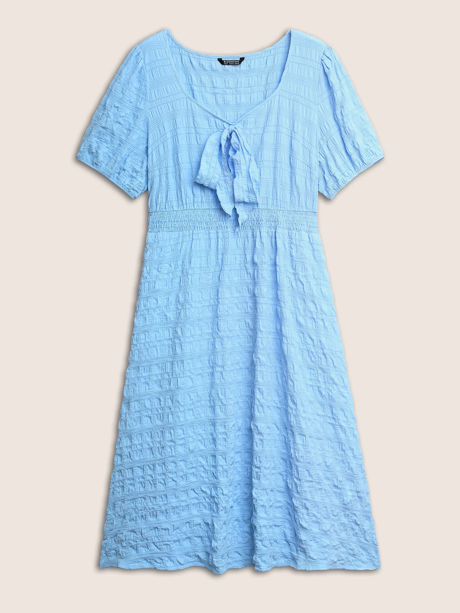Citrus Plain Texture Shirred Tie Knot Lantern Sleeve Dress - Image 6