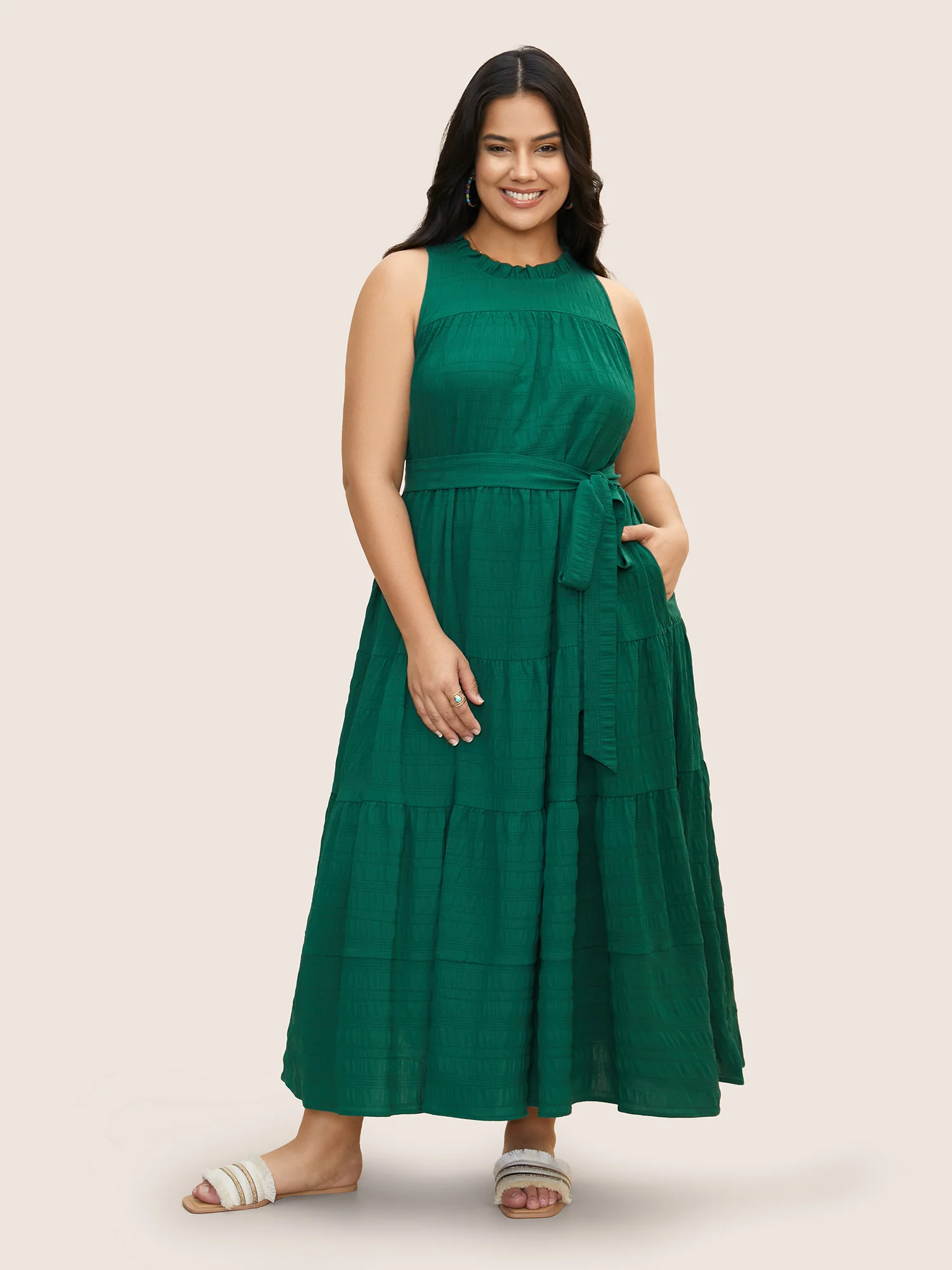 Plain Textured A-line Frill Trim Dress - Image 2