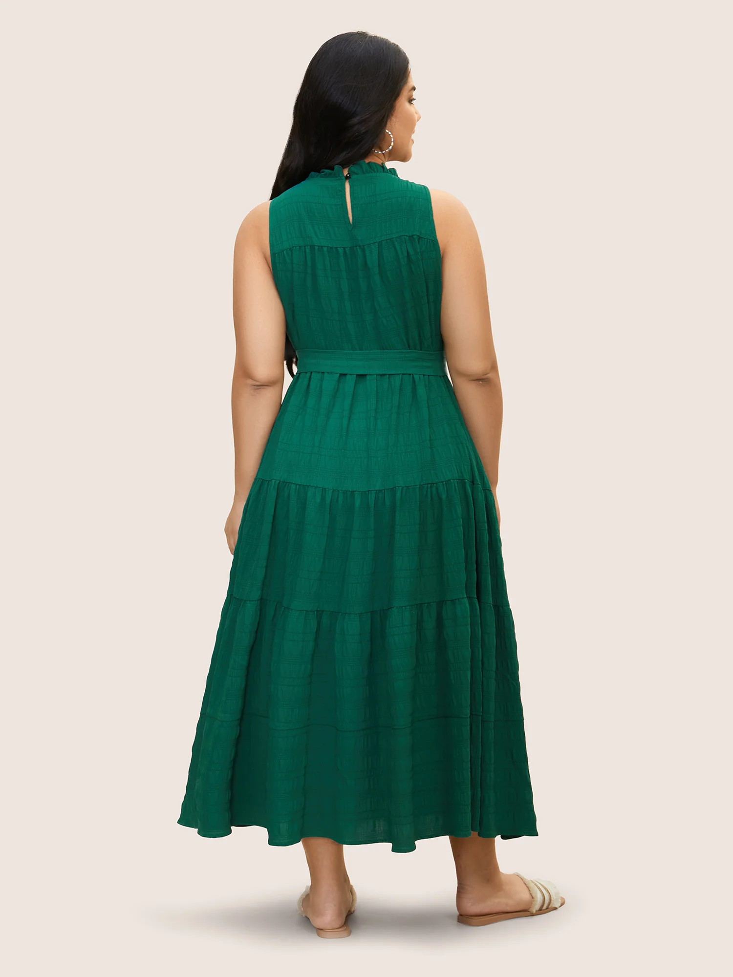 Plain Textured A-line Frill Trim Dress - Image 3