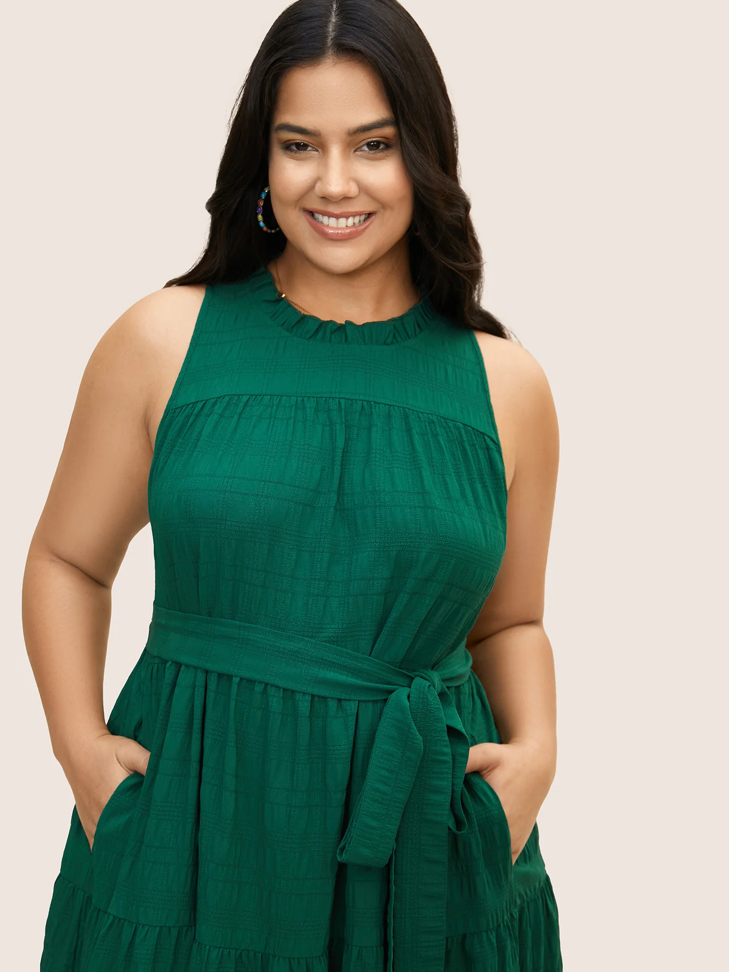 Plain Textured A-line Frill Trim Dress - Image 4