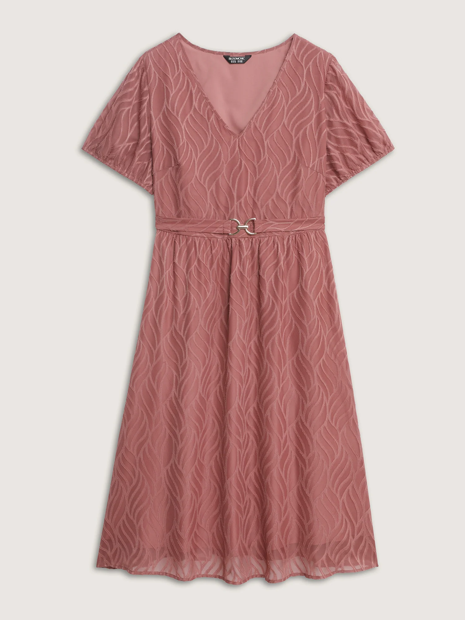Plain Textured Belted V-Neck Midi Dress - Image 8