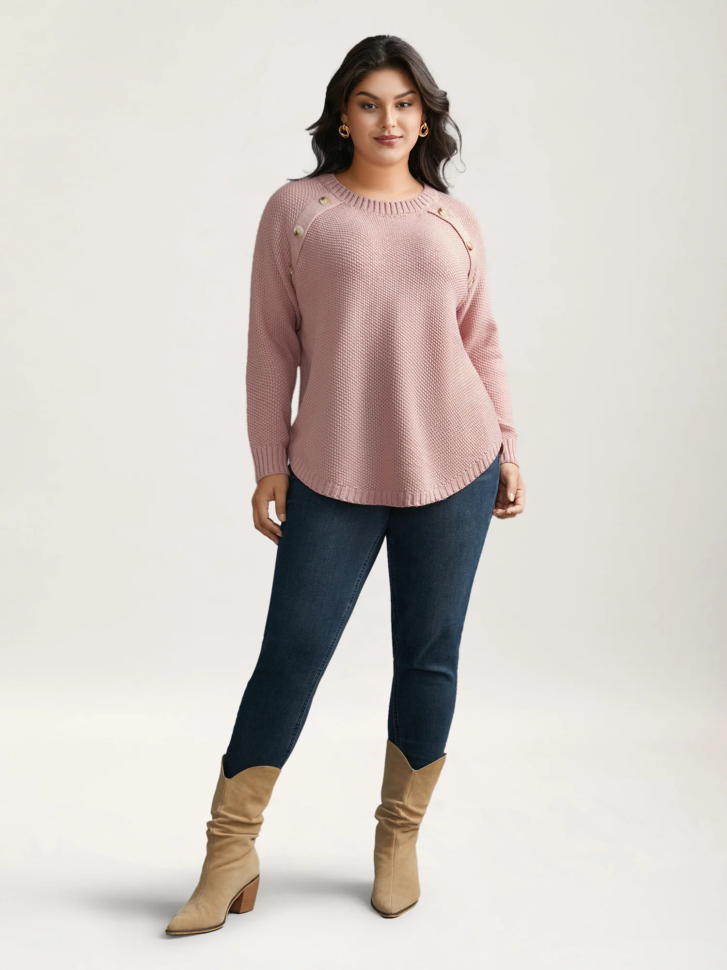 Plain Textured Button Detail Curved Hem Pullover - Image 3