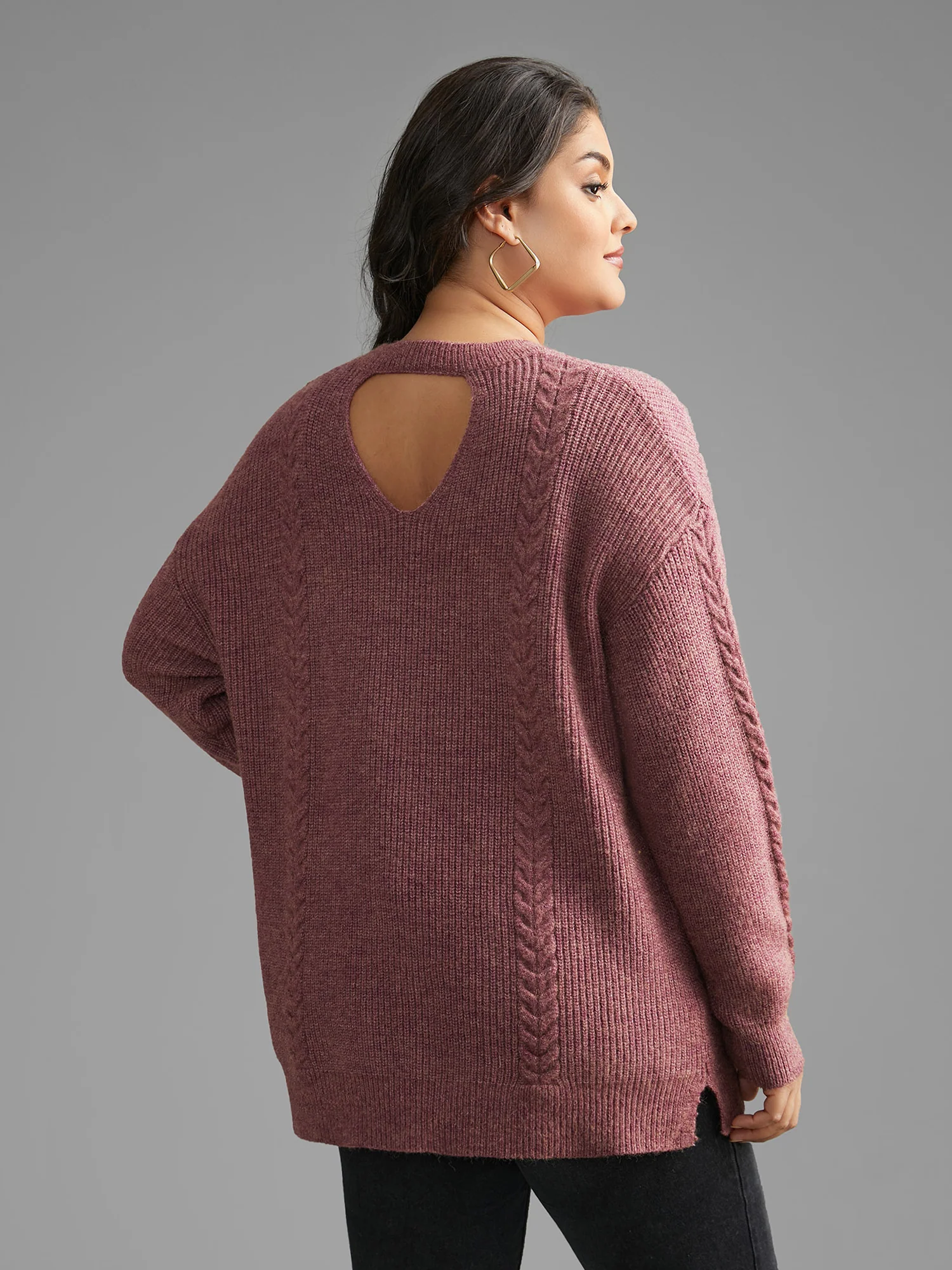 Plain Textured Cable Knit Backless Pullover - Image 2
