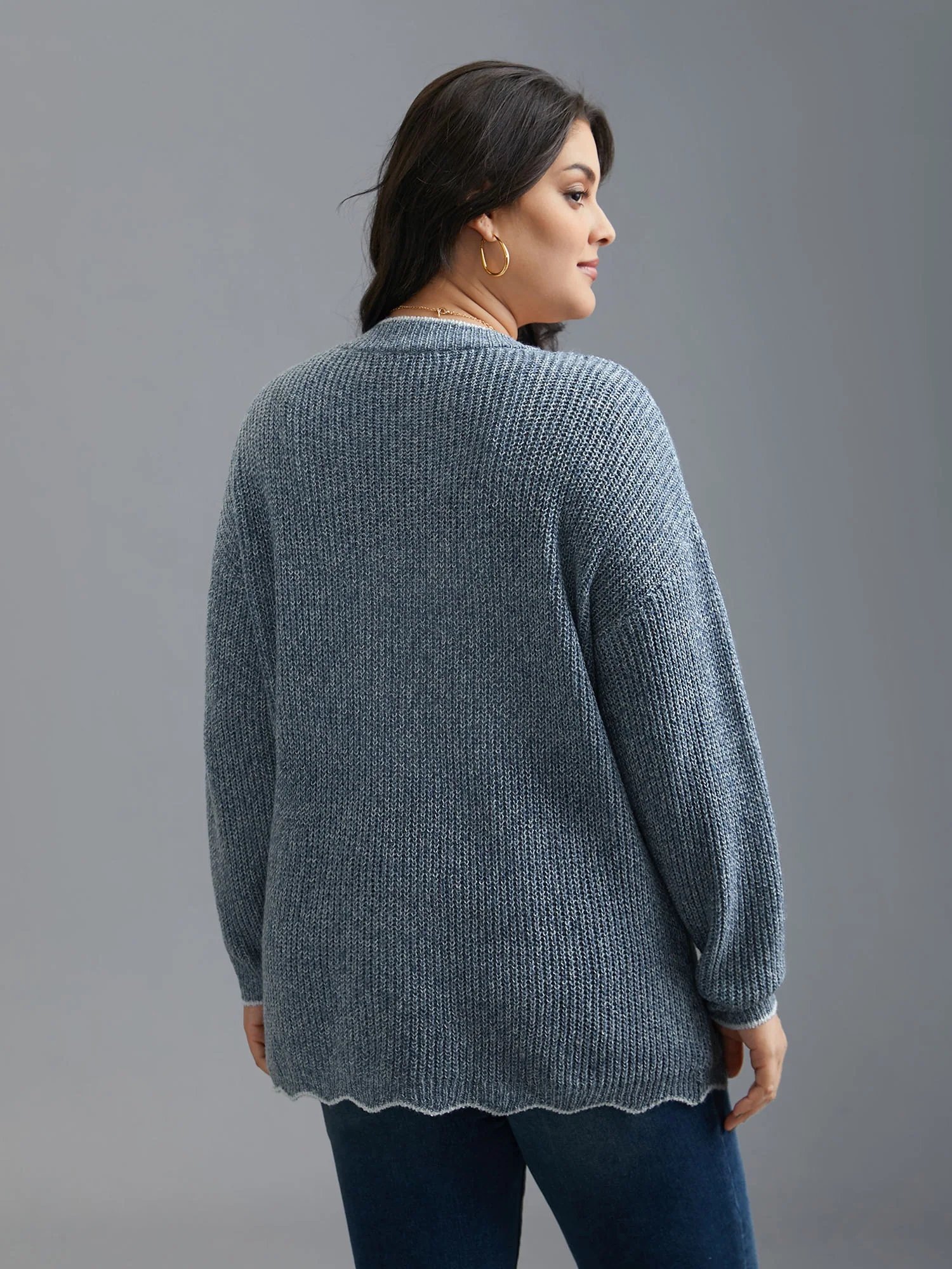 Plain Textured Contrast Trim Cable Knit Pullover - Image 2