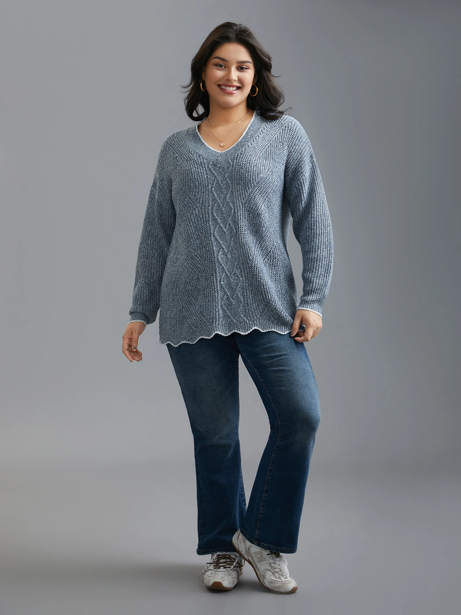 Plain Textured Contrast Trim Cable Knit Pullover - Image 3