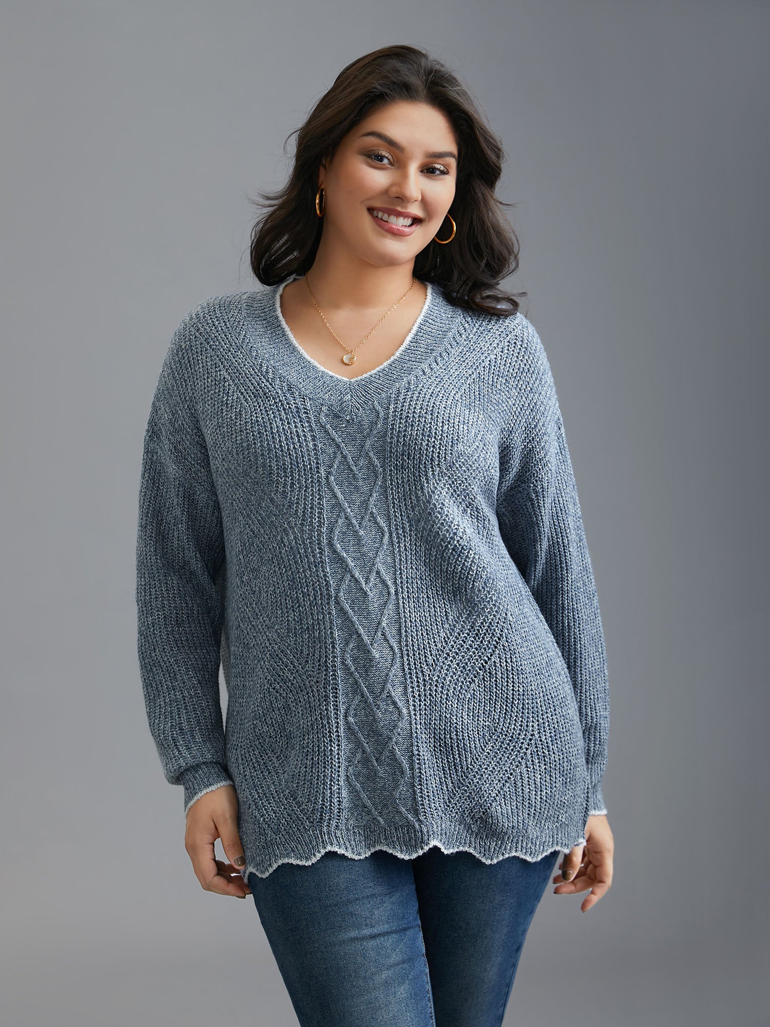 Plain Textured Contrast Trim Cable Knit Pullover - Image 4