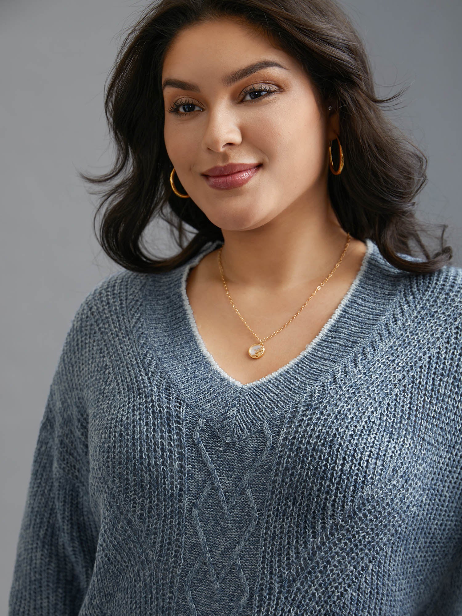 Plain Textured Contrast Trim Cable Knit Pullover - Image 5