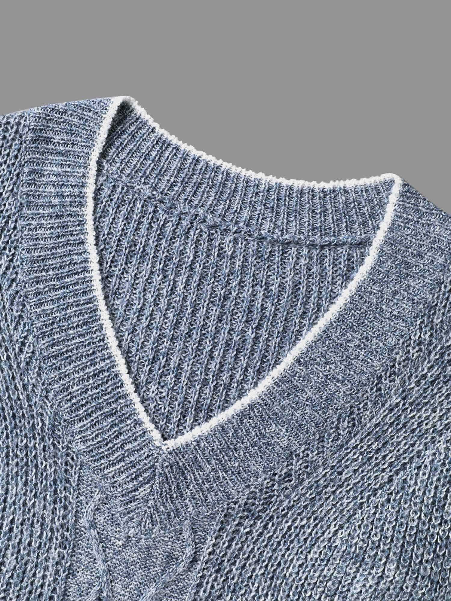 Plain Textured Contrast Trim Cable Knit Pullover - Image 6