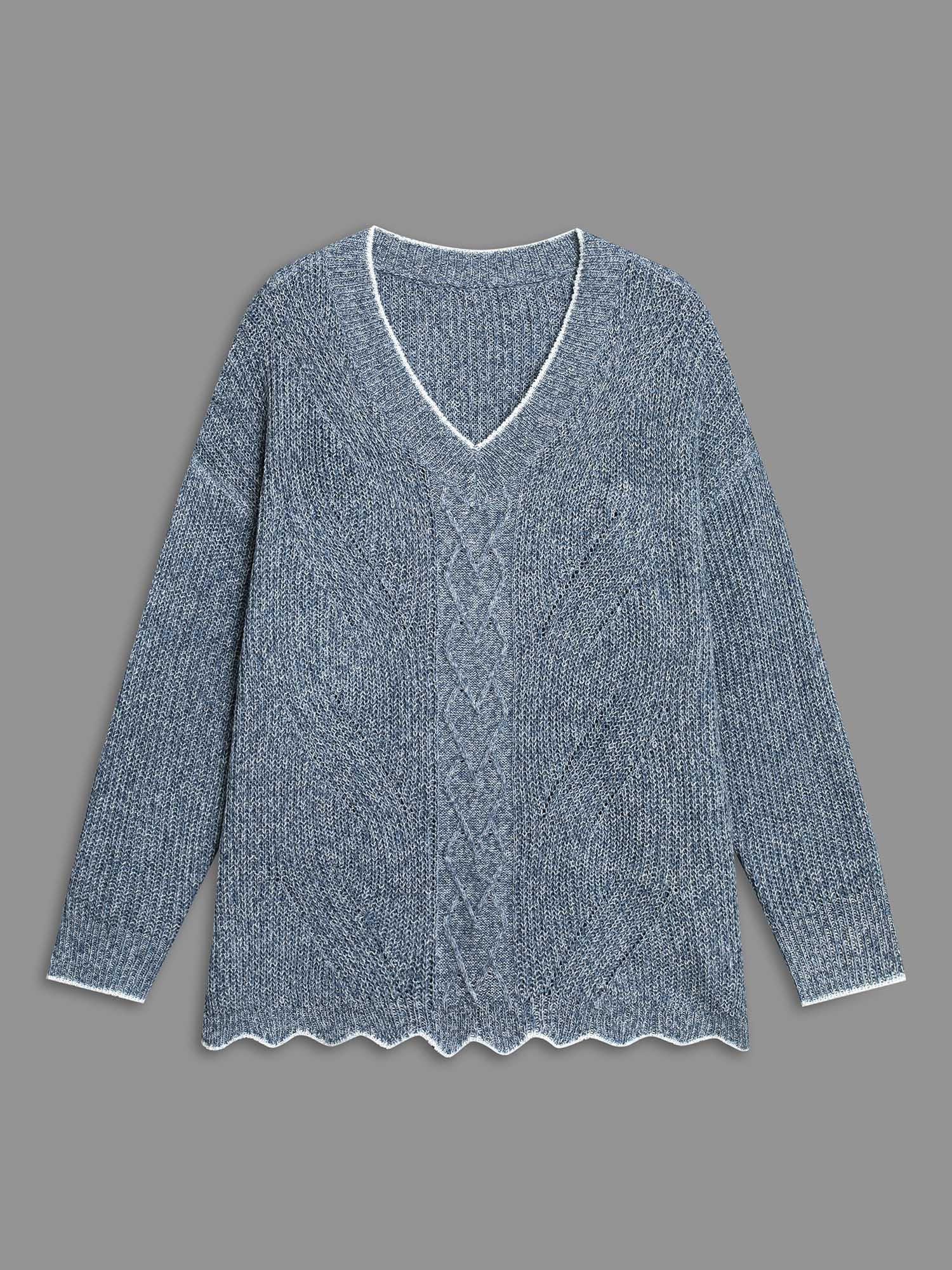 Plain Textured Contrast Trim Cable Knit Pullover - Image 8