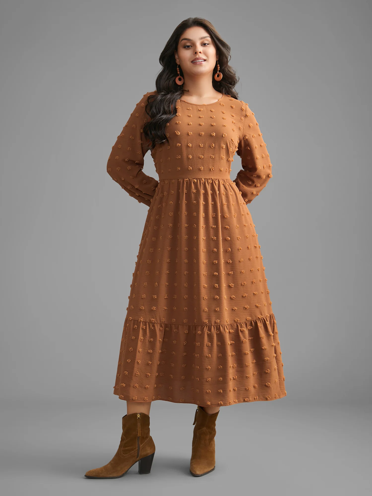 Plain Textured Crew Neck Midi Dress - Image 4