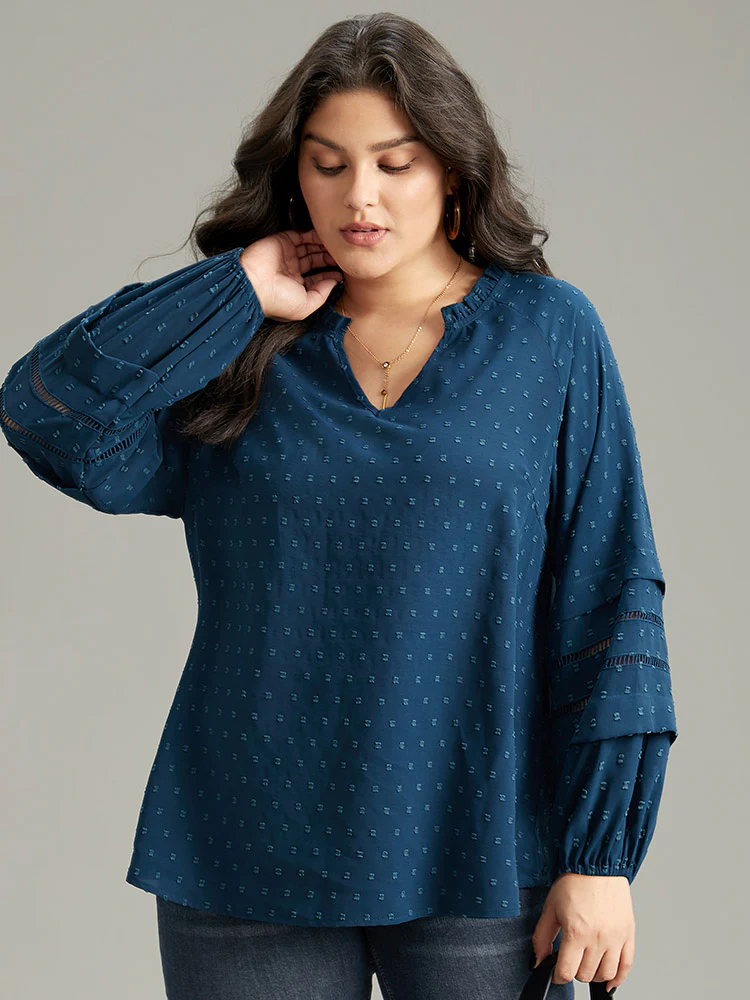 Plain Textured Cut Out Frill Trim Lantern Sleeve Blouse - Image 2
