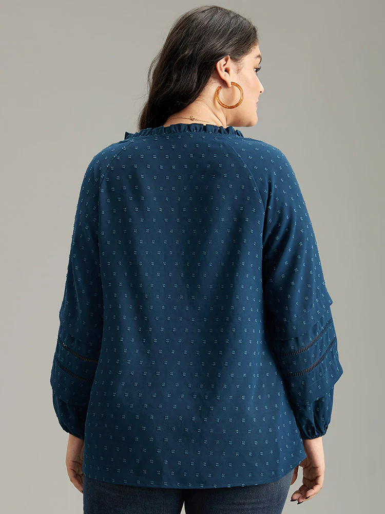 Plain Textured Cut Out Frill Trim Lantern Sleeve Blouse - Image 3