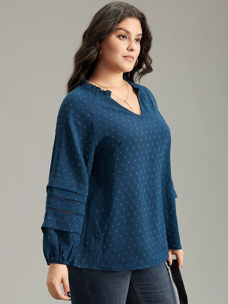 Plain Textured Cut Out Frill Trim Lantern Sleeve Blouse - Image 4