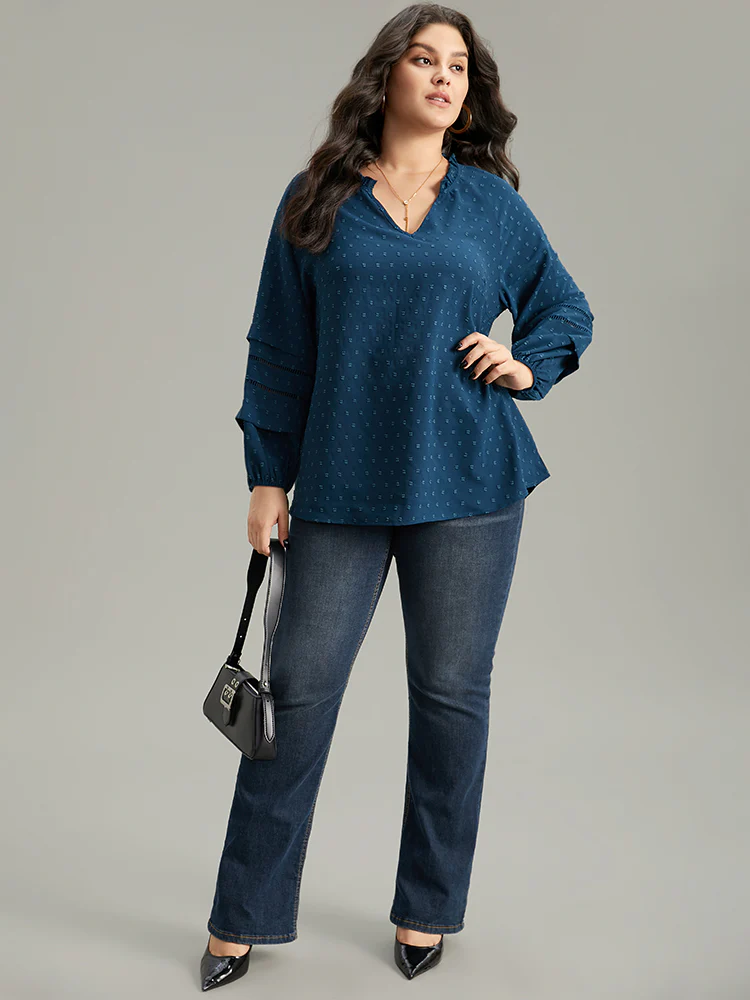 Plain Textured Cut Out Frill Trim Lantern Sleeve Blouse - Image 5