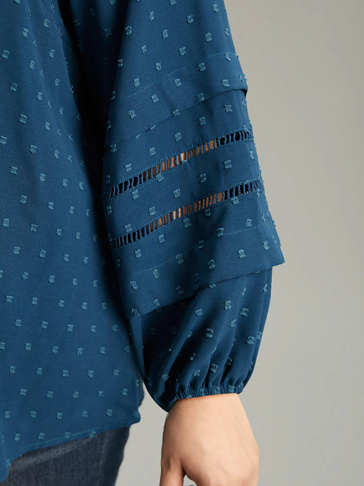 Plain Textured Cut Out Frill Trim Lantern Sleeve Blouse - Image 6
