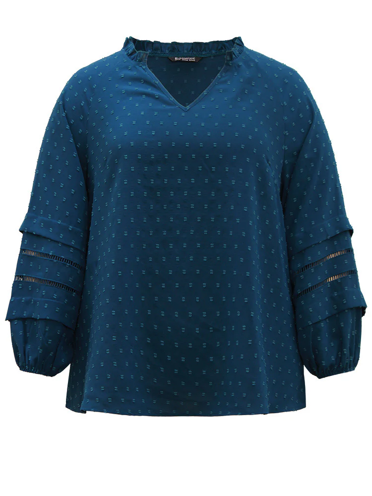 Plain Textured Cut Out Frill Trim Lantern Sleeve Blouse - Image 7