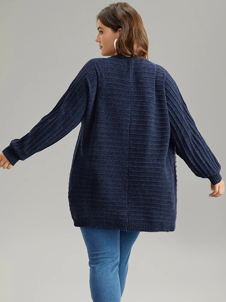 Plain Textured Dolman Sleeve Arc Hem Cardigan - Image 2