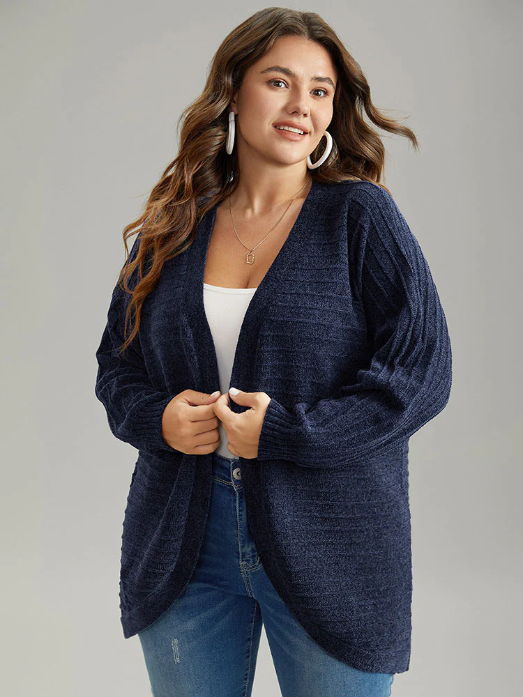 Plain Textured Dolman Sleeve Arc Hem Cardigan - Image 3