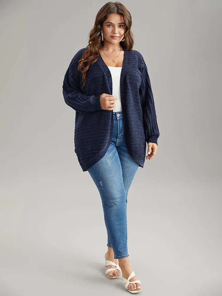 Plain Textured Dolman Sleeve Arc Hem Cardigan - Image 4