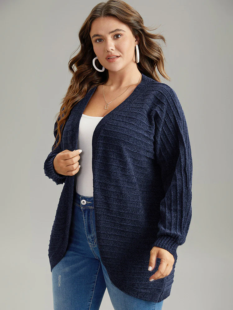 Plain Textured Dolman Sleeve Arc Hem Cardigan - Image 5