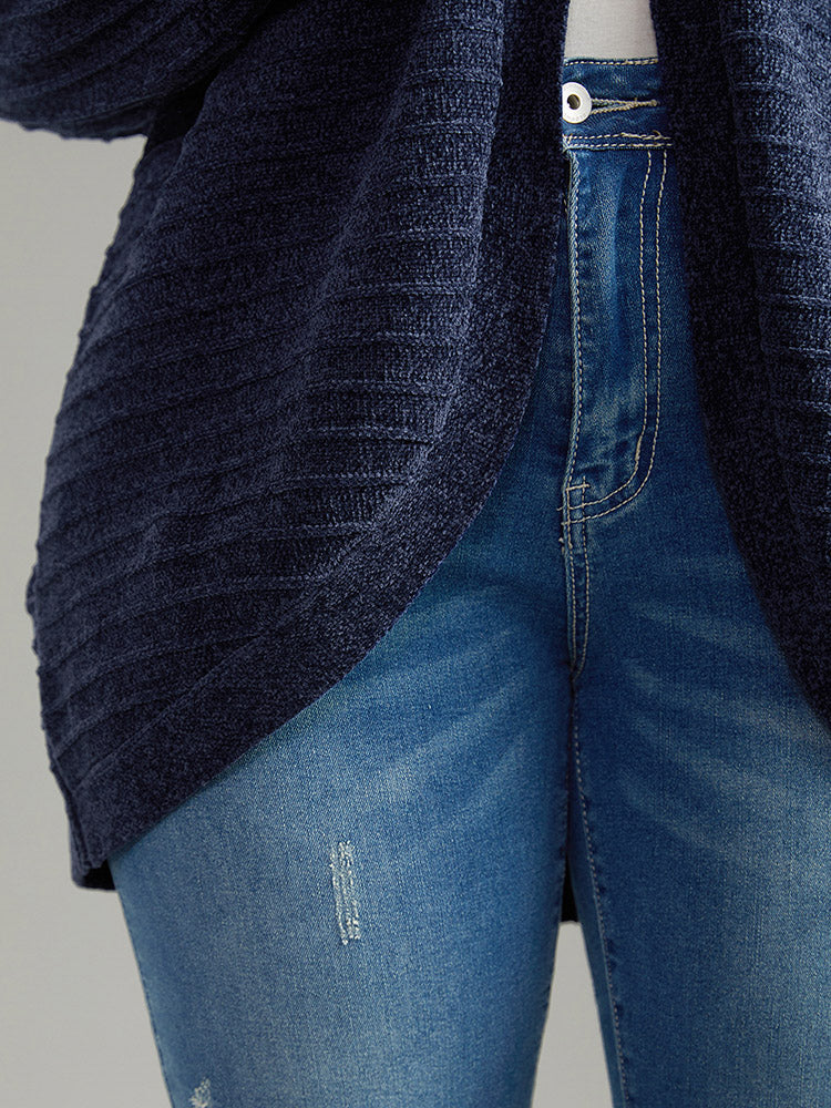 Plain Textured Dolman Sleeve Arc Hem Cardigan - Image 8
