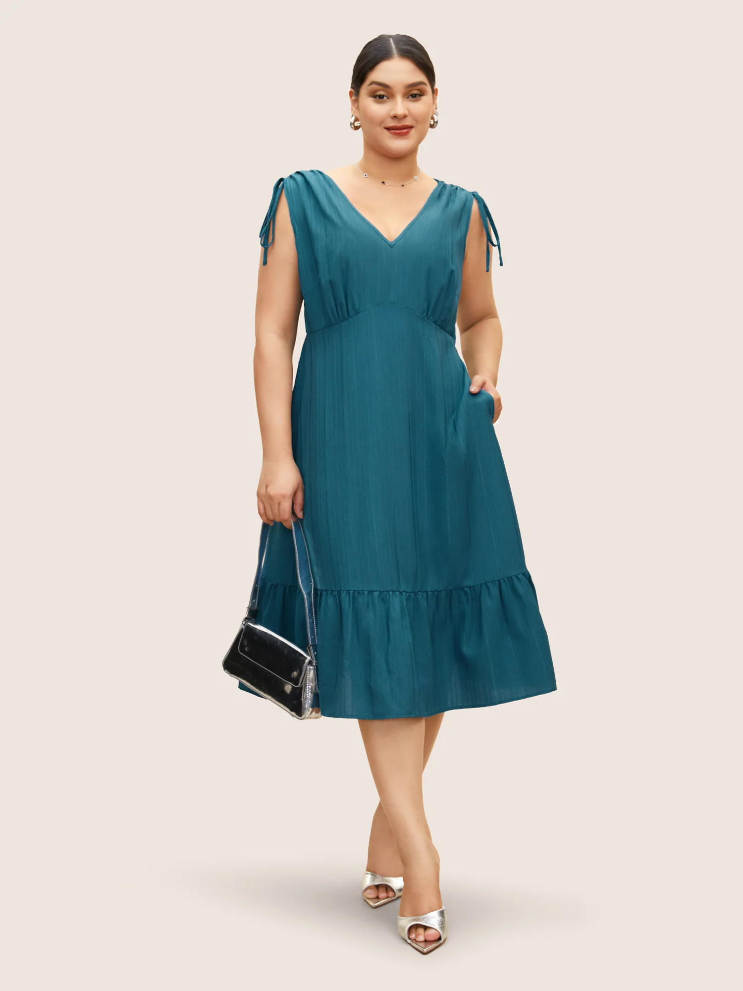 Plain Textured Drawstring Ruffle Hem Dress - Image 2