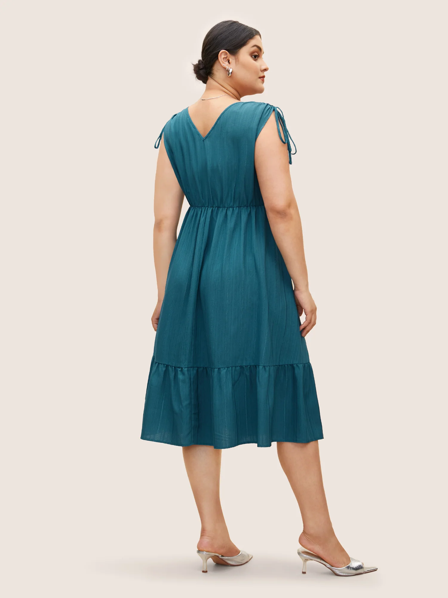 Plain Textured Drawstring Ruffle Hem Dress - Image 3