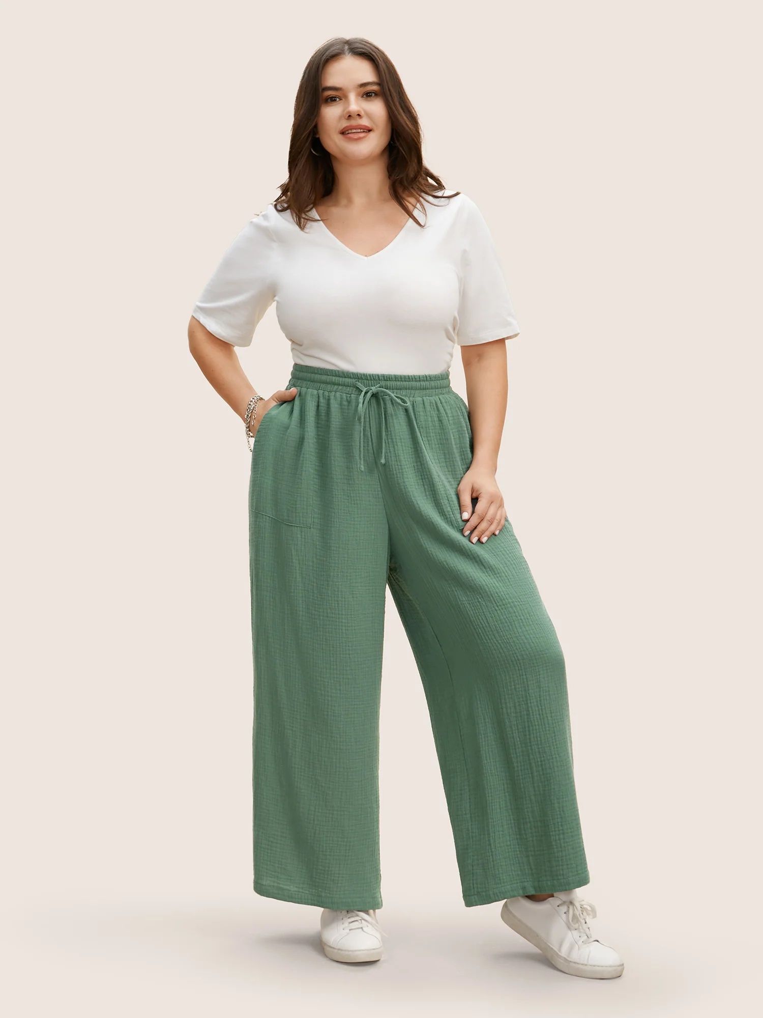 Plain Textured Drawstring Wide Leg Pants - Image 2