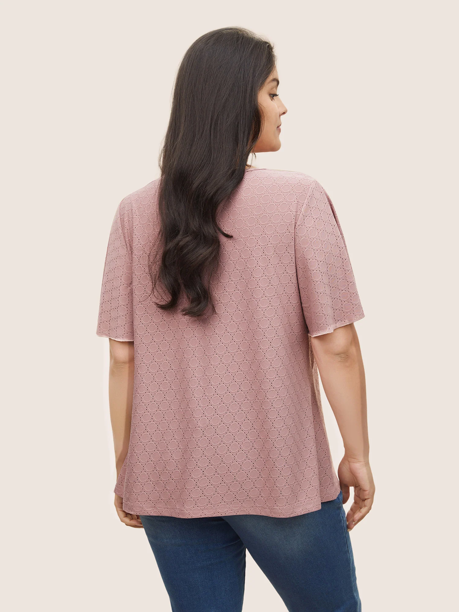 Plain Textured Geometric Flutter Sleeve T-shirt - Image 2