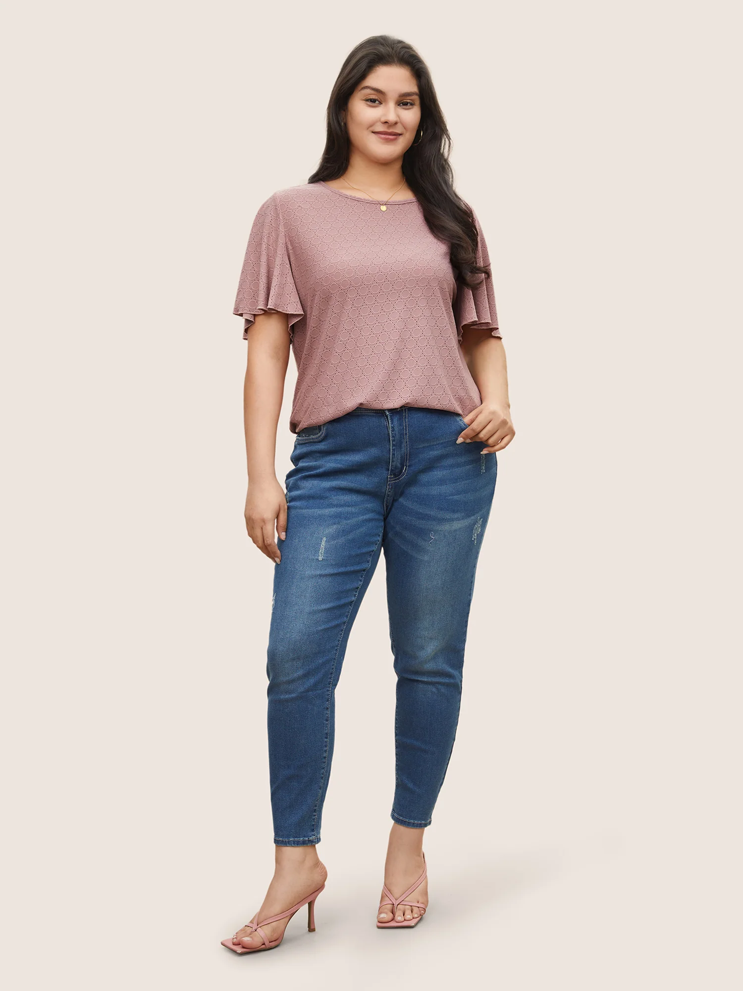 Plain Textured Geometric Flutter Sleeve T-shirt - Image 3