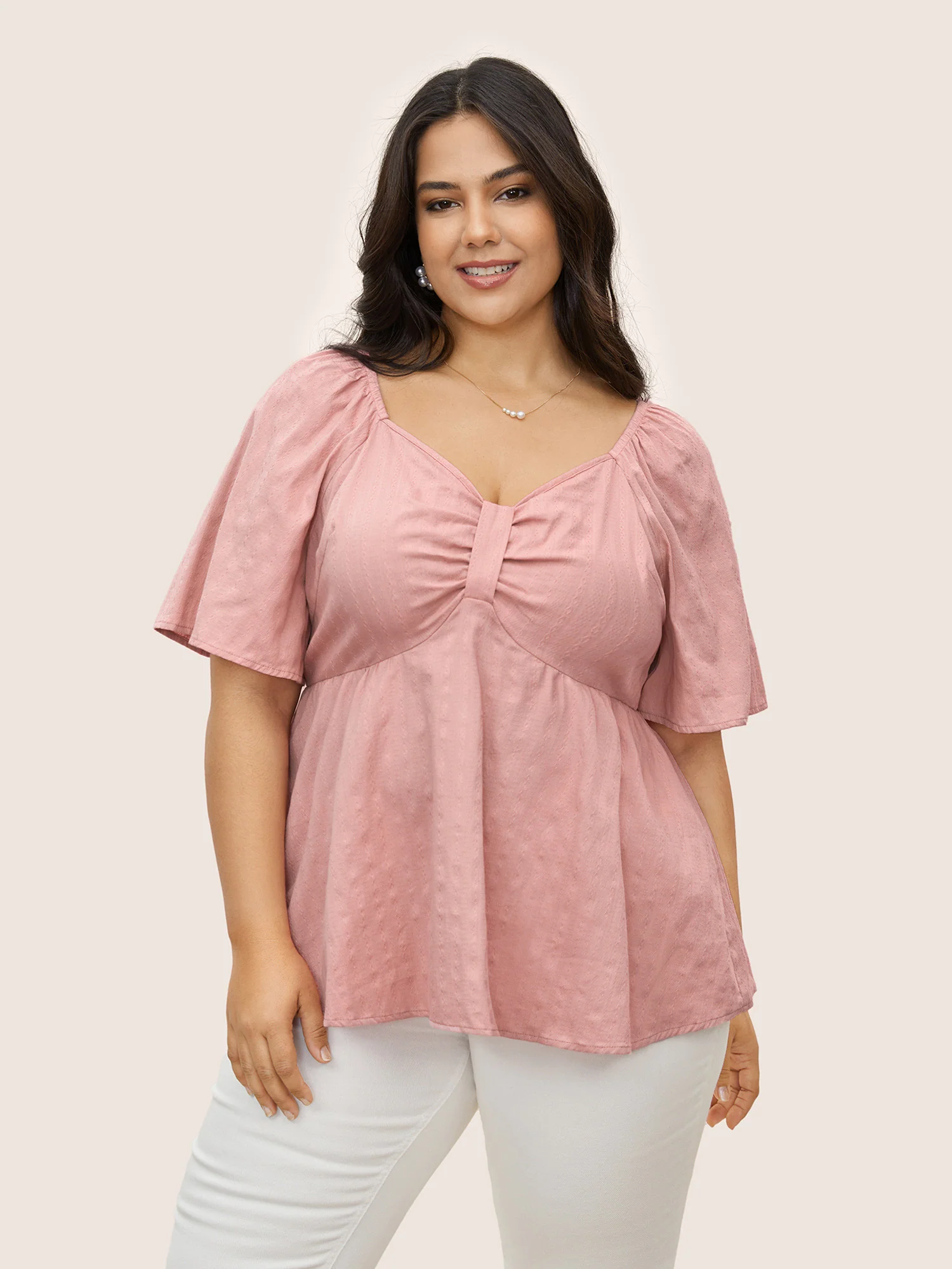 Plain Heart Neckline Ruched Ruffle Sleeve Blouse
