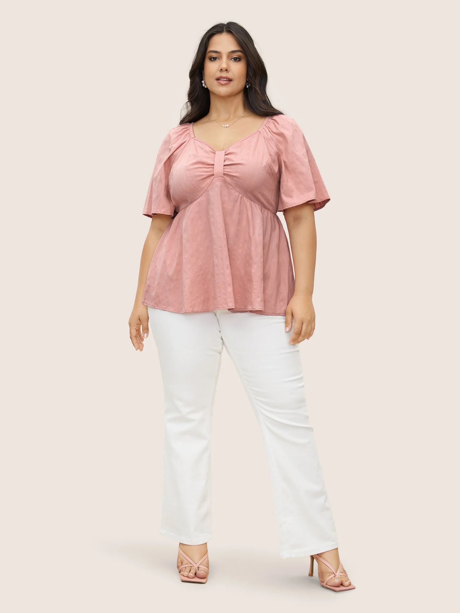 Plain Heart Neckline Ruched Ruffle Sleeve Blouse - Image 2