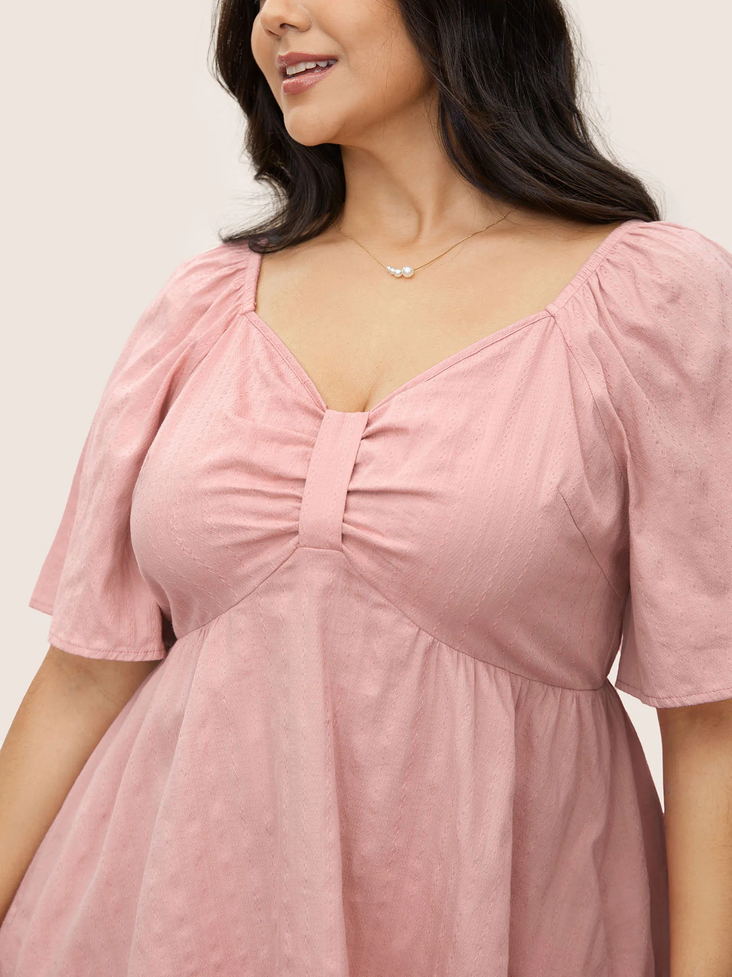 Plain Heart Neckline Ruched Ruffle Sleeve Blouse - Image 3