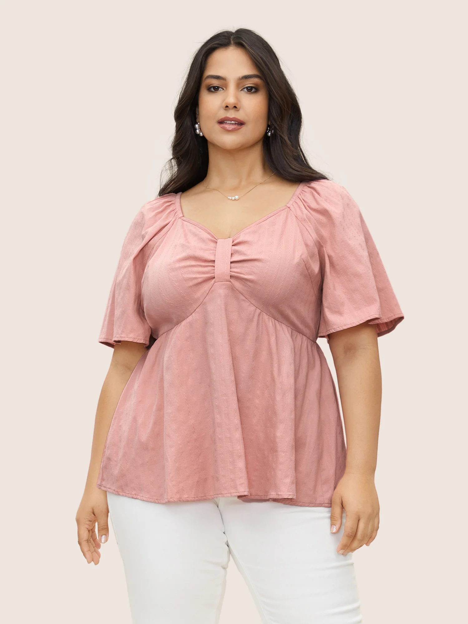 Plain Heart Neckline Ruched Ruffle Sleeve Blouse - Image 4