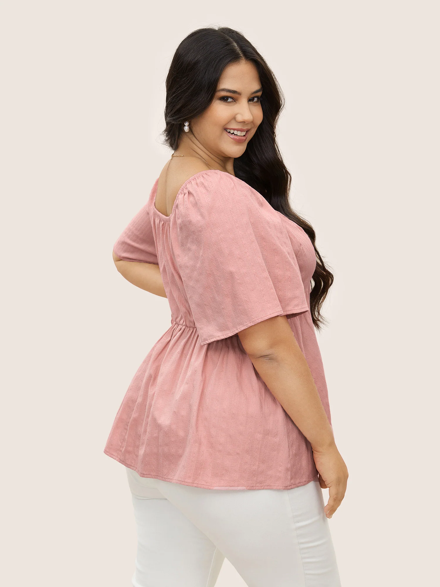 Plain Heart Neckline Ruched Ruffle Sleeve Blouse - Image 5