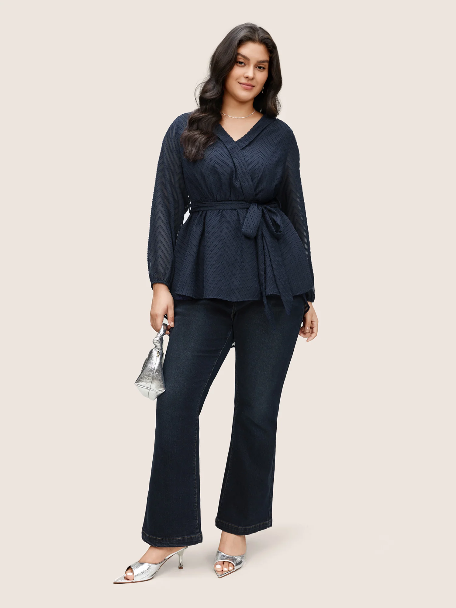 Plain Textured High Low Hem Ties Blouse - Image 2