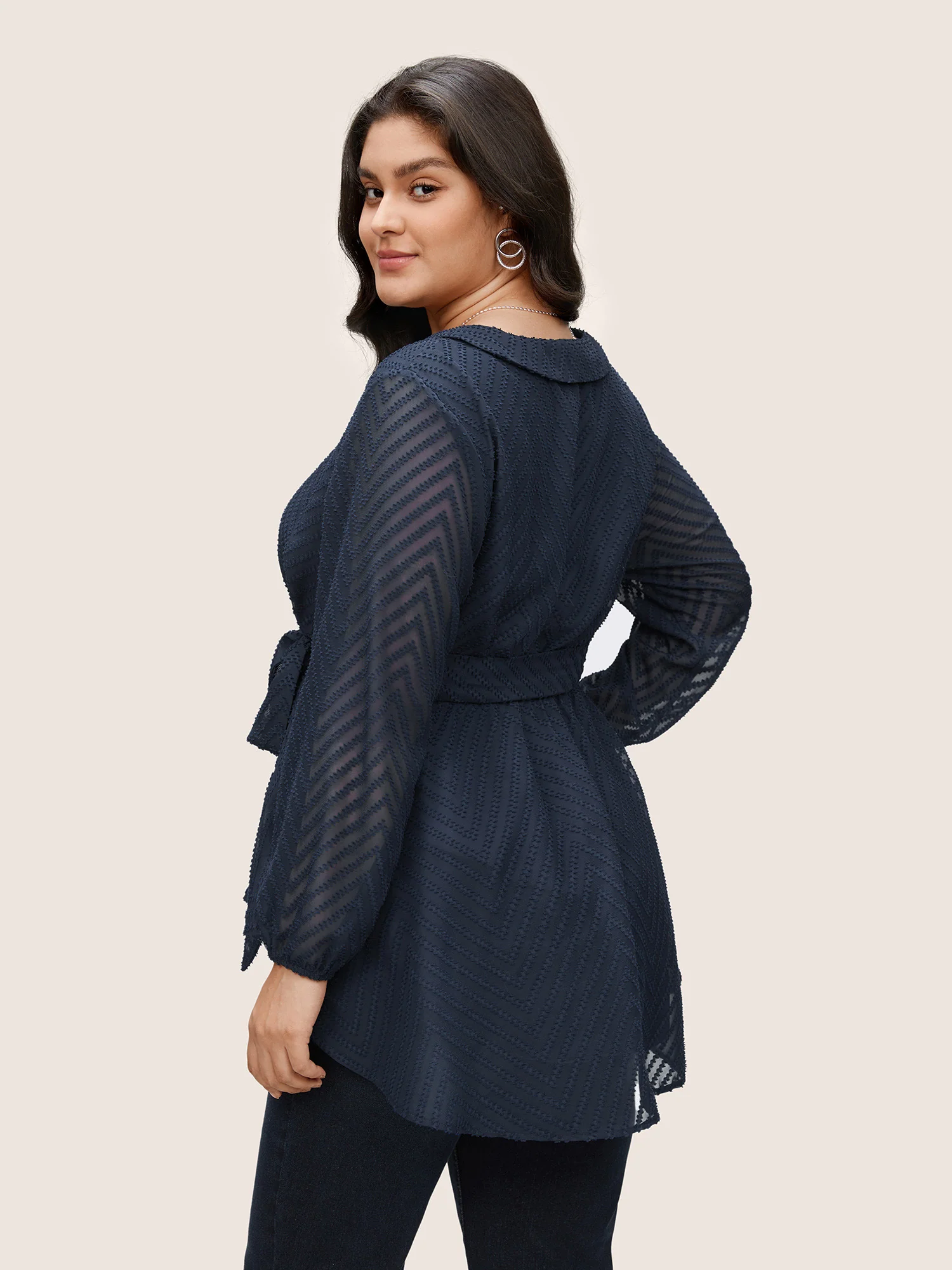 Plain Textured High Low Hem Ties Blouse - Image 4
