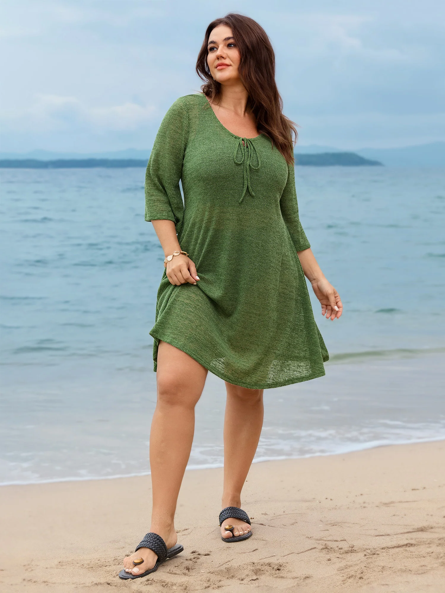 Plain Textured Keyhole Neckline Knit Mini Dress - Image 3