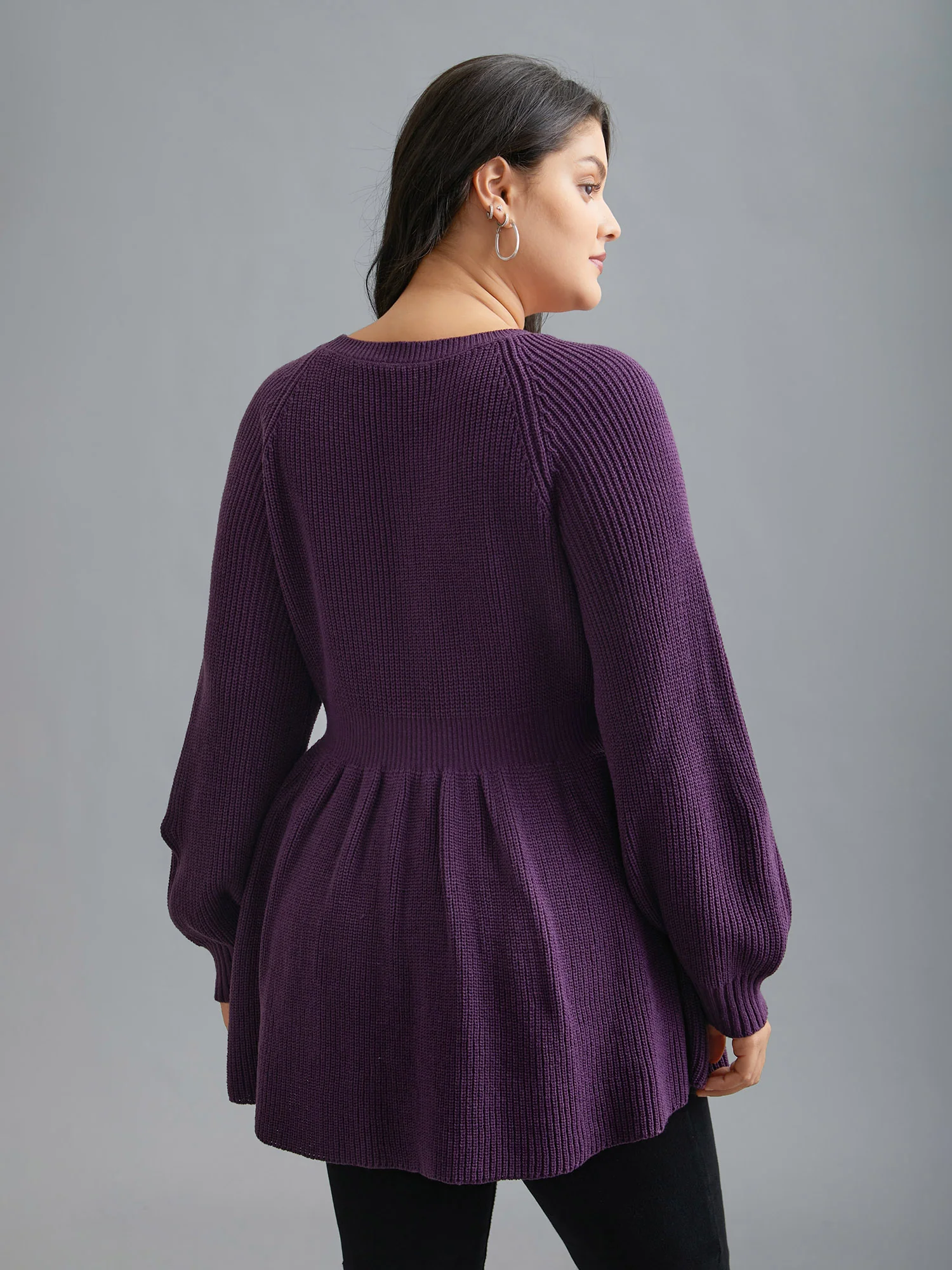 Plain Textured Keyhole Raglan Sleeve Pullover - Image 2