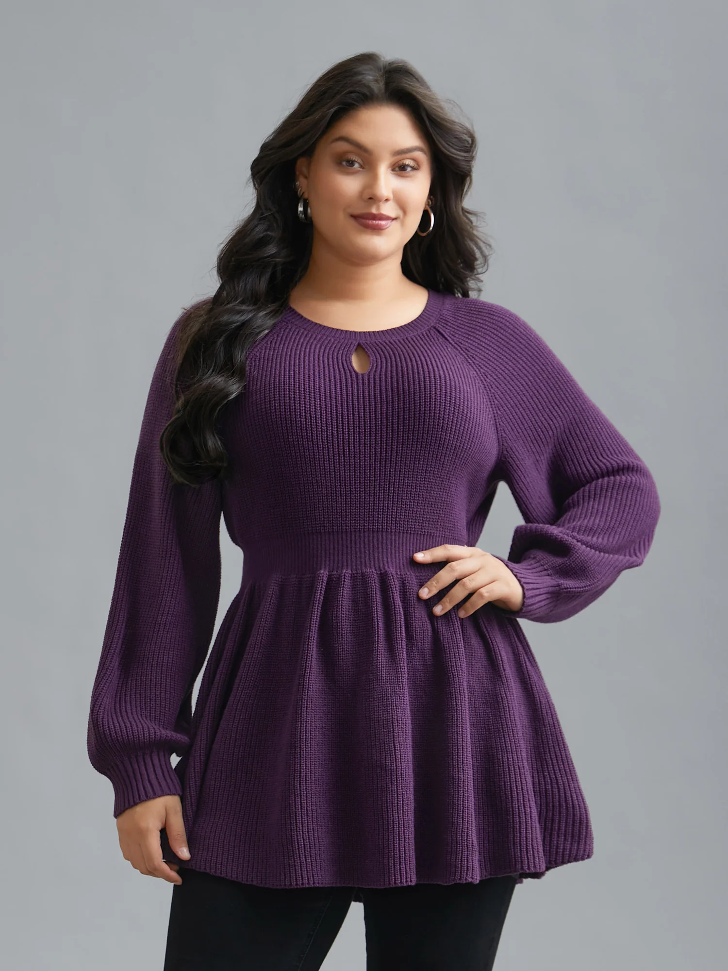 Plain Textured Keyhole Raglan Sleeve Pullover - Image 3