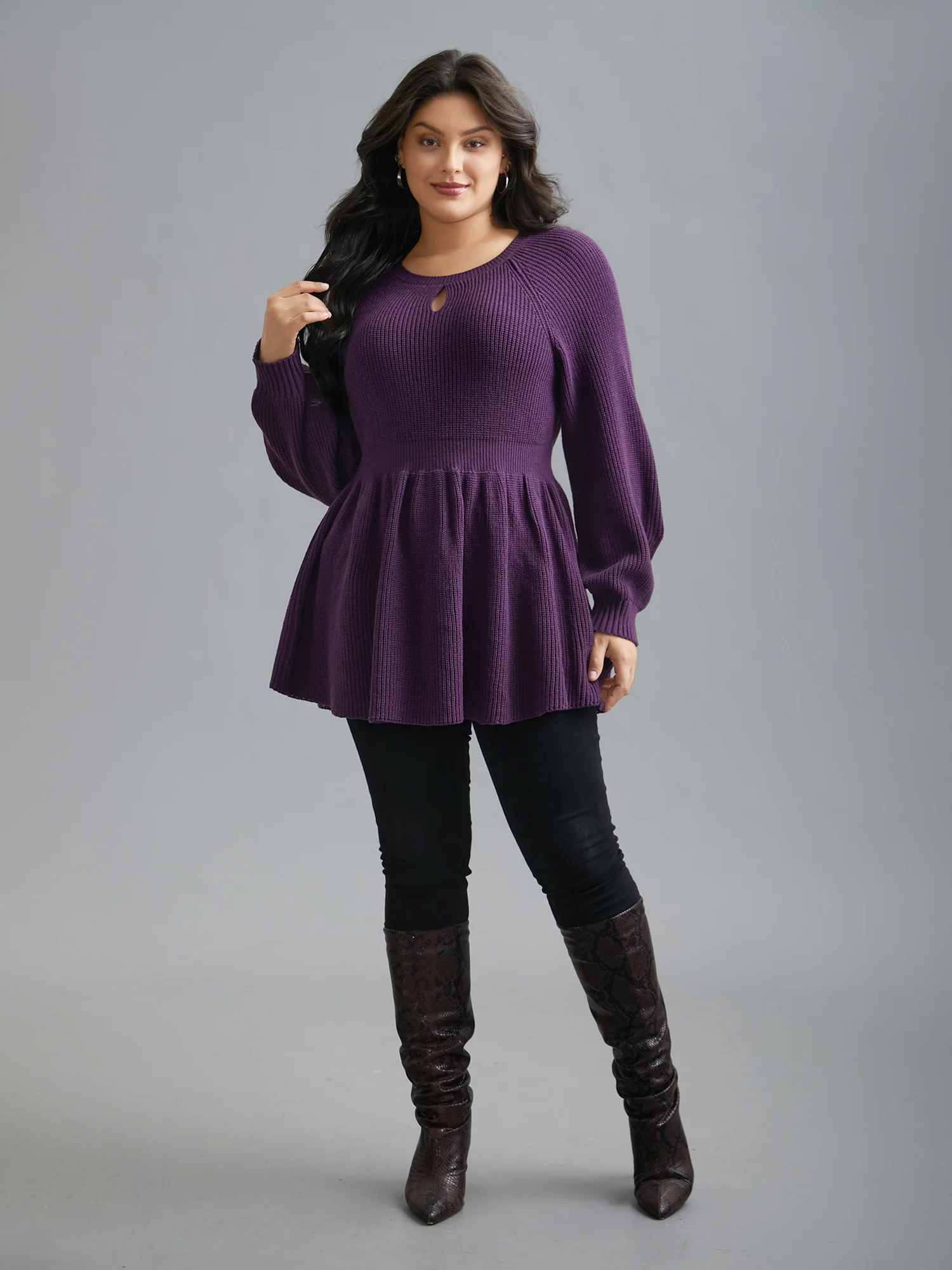 Plain Textured Keyhole Raglan Sleeve Pullover - Image 4