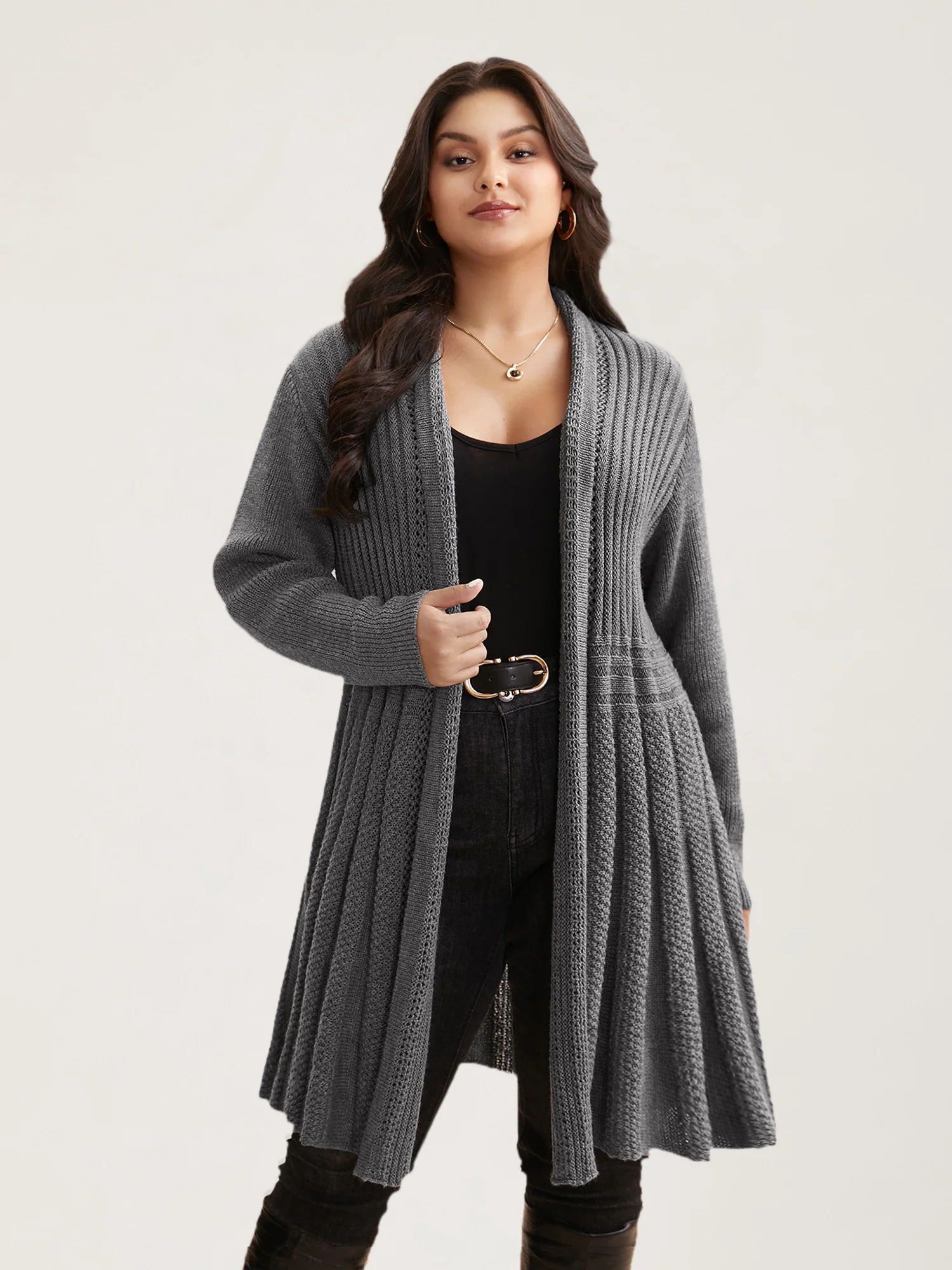 Plain Textured Kimono Collar Cardigan - Image 11