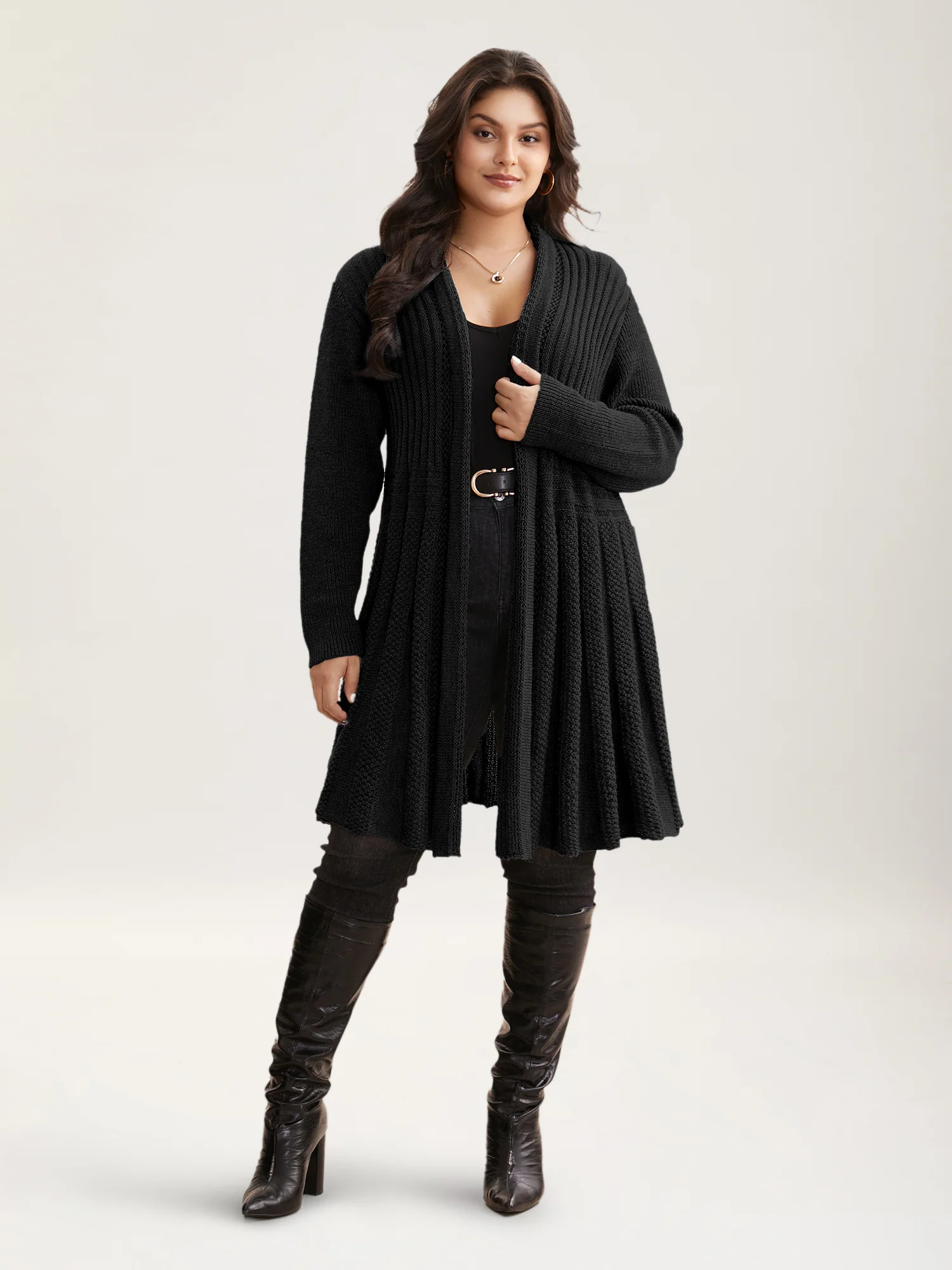 Plain Textured Kimono Collar Cardigan - Image 2
