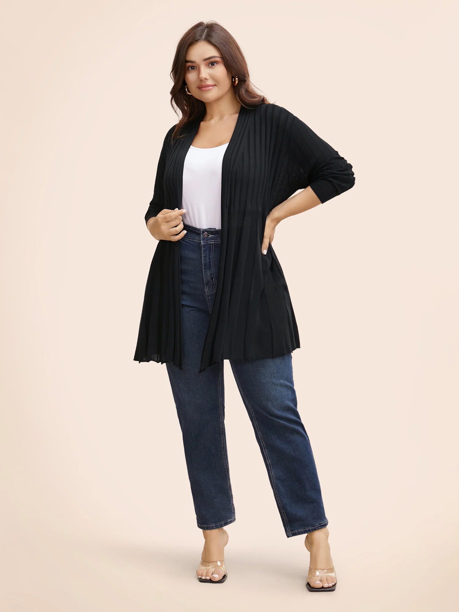 Plain Textured Kimono Collar Cardigan - Image 3