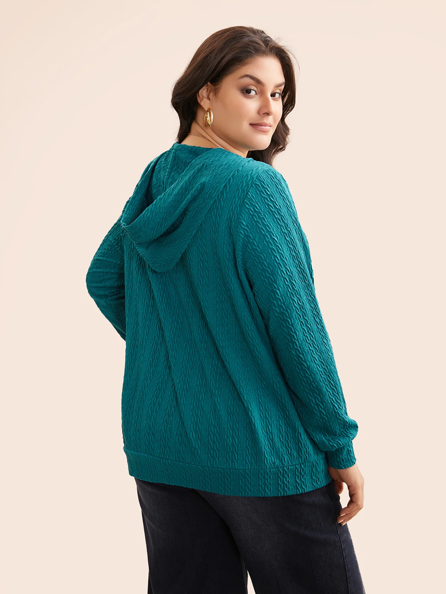 Plain Textured Lace Up Hooded Sweatshirt - Image 2