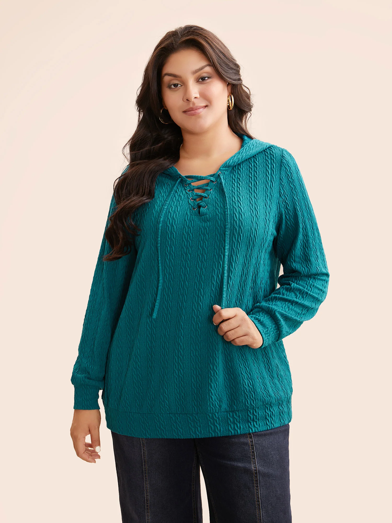 Plain Textured Lace Up Hooded Sweatshirt - Image 3
