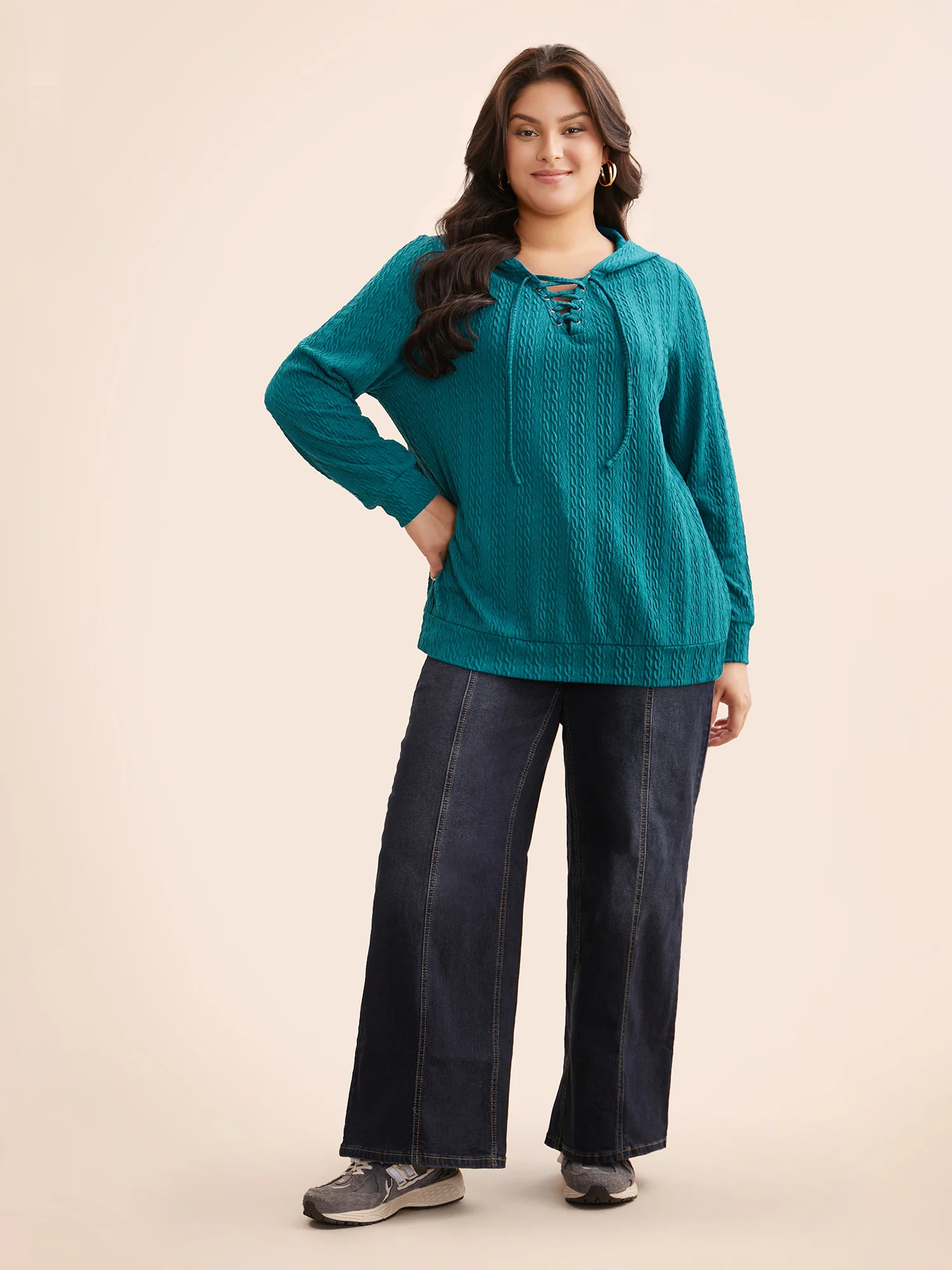 Plain Textured Lace Up Hooded Sweatshirt - Image 4